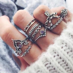 Knuckle Ring Set - Hollow Crown Punk Silver